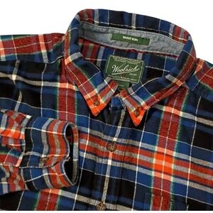 Woolrich Trout Run Flannel Shirt Mens XL Blue Orange‎ Plaid Pocket Button Down